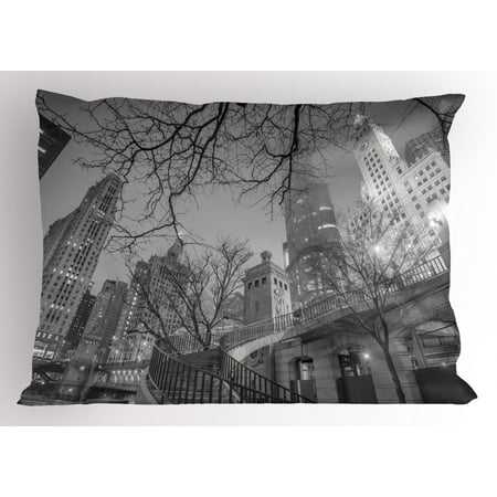 Black and White Pillow Sham Chicago City Downtown Nighttime Highrise Buildings Tree Branches, Decorative Standard King Size Printed Pillowcase, 36 X 20 Inches, Grey Black White, by Ambesonne