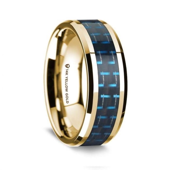 14K Yellow Gold Polished Beveled Edges Wedding Ring with Black and Blue Carbon Fiber Inlay - 8 mm - Size 5