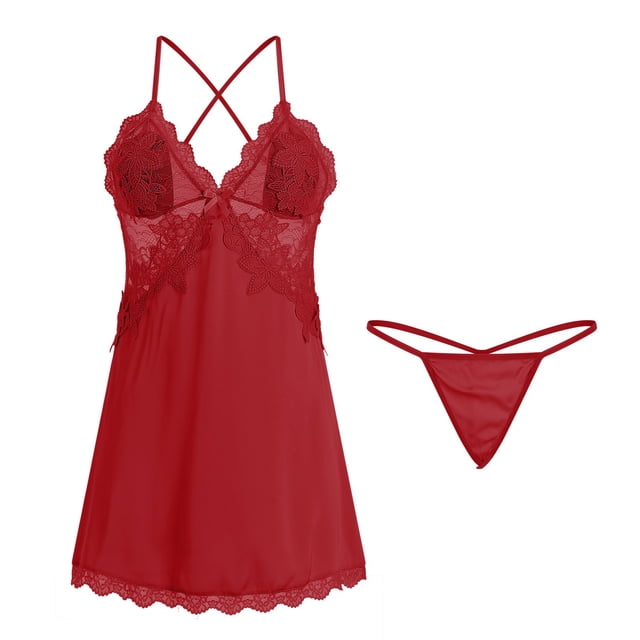 WZXFASHION Sexy Backless Sweet Girl Small Floral Plus Chest Pad Nightdresss Outer Robe Home Clothes Suit Intimates Red M