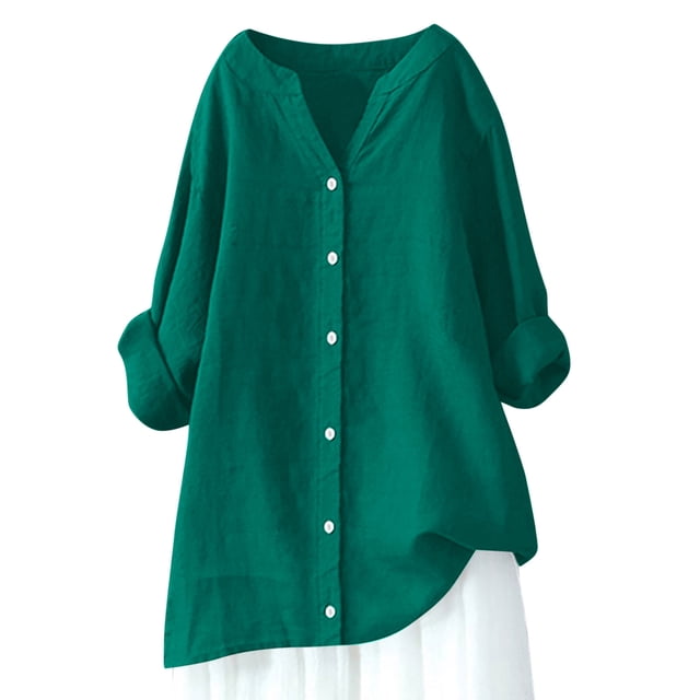 hotojiny Womens Button down Shirts Cotton Linen Long Sleeve Oversized Tee Plus Size V Neck Boyfriend Solid Tunic Tops
