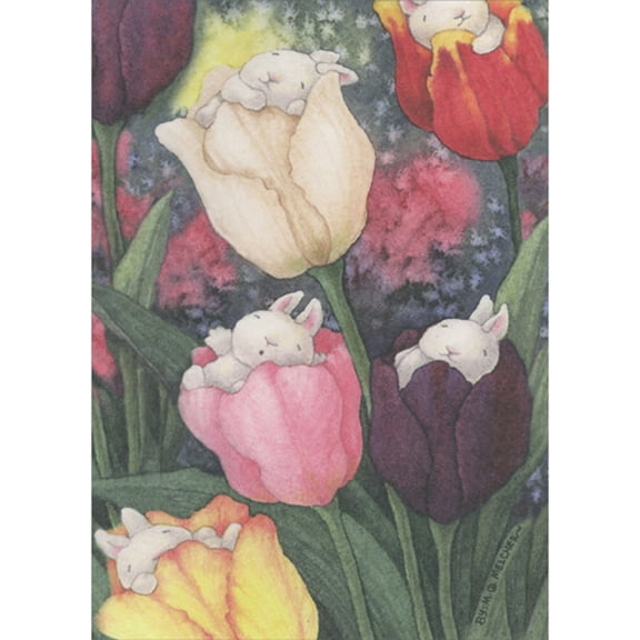 RSVP Bunnies Sleeping Inside Yellow, Pink, White, Purple and Red Flowers Easter Card