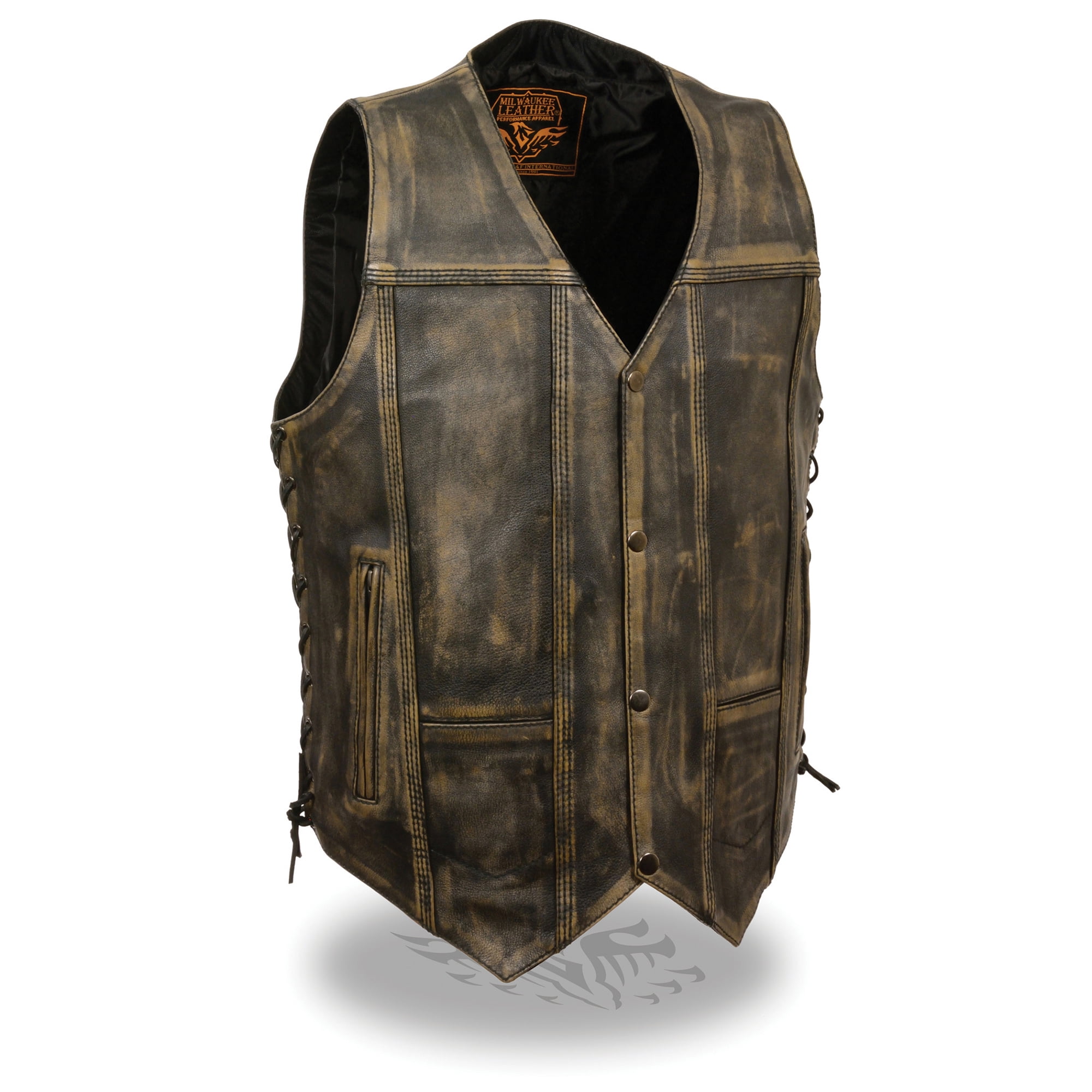 Black, XL Milwaukee Leather Mens Brown Distressed Leather 10 Pocket Vest 