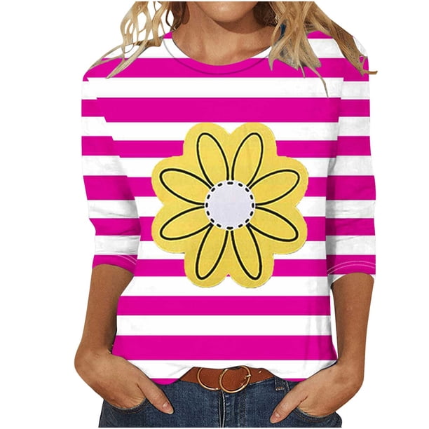 Camisetas Casuales de las Mujeres de Moda Impresa 3/4 Mangas Blusa Cuello Redondo para el Hogar Y Diario
