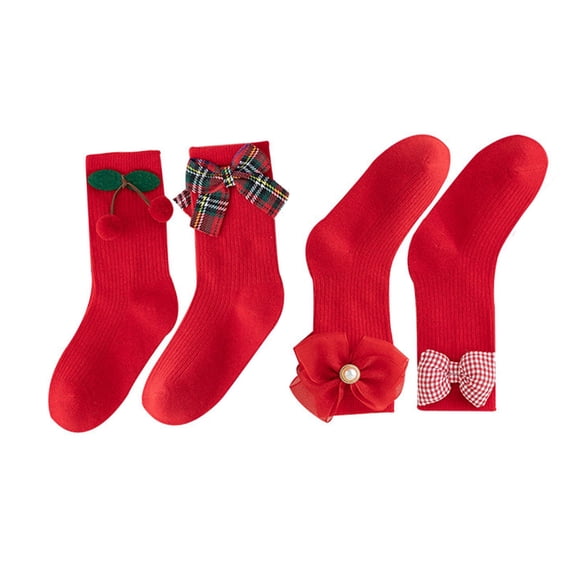 RUISINERY Pack Of 4 Gilrs Middle Calf Socks with Bowknot Designs Soft & Breathable Cotton Socks 4 Size for Kids New Year