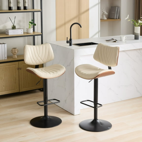 MAYEERTY Walnut Bentwood Bar Stools - Mid-Century Modern, Adjustable Height, Beige Leather, 360掳 Swivel, 1 Chair/Carton, Beige