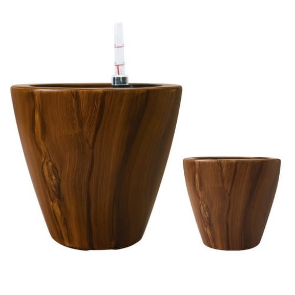 2-Pack Dark Wood Plastic Self-Watering Planter Pot, Indoor Outdoor Decorative Flower Pot for Home Garden Patio Balcony Plants