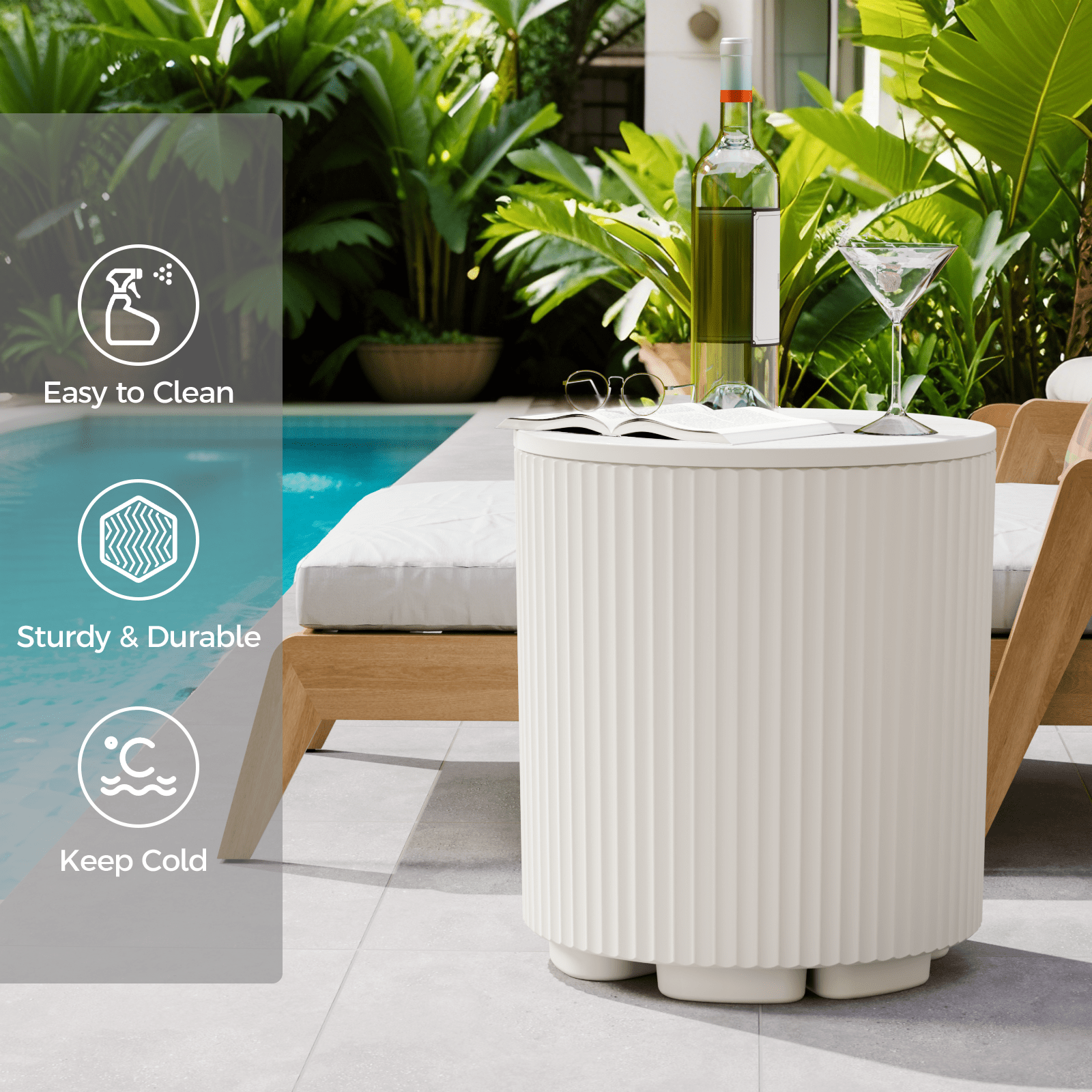 Chiccushion Outdoor Cooler Side Table, Portable Ice Bucket with Lid, Patio Table and Ice Chest Storage for Party, Poolside, Deck, White