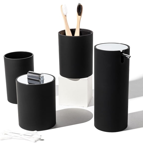 Sleek Matte Black Bathroom Accessory Set 4 Pcs Complete Bathroom Set Modern Bathroom Decor Bathroom Organizer Accesorios para baños Toothbrush Holder Soap Dispenser Set Home Decor Clearance