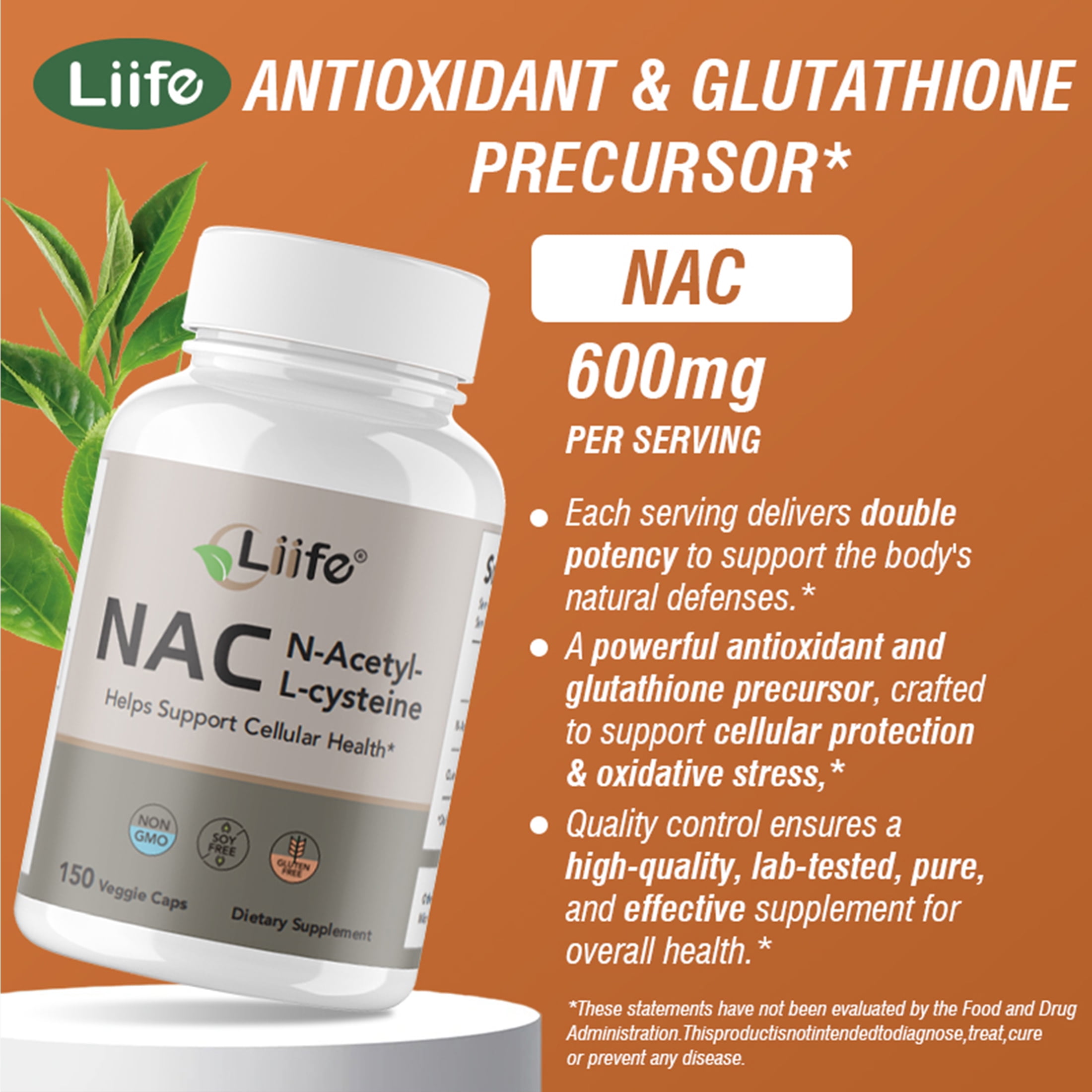 Liife NAC Capsules,with N-Acetyl-L-Cysteine and Quercetin Support Cellular, Liver and Respiratory Health, 150 Capsules, 2.5 Months Supply, Adult, Affordable Packaging