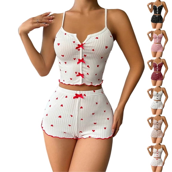 UDAUDU Womens 2 Piece Pajama Set Heart Print Cami Top and Shorts Lounge Pjs Set Cute Sleepwear Outfits XL