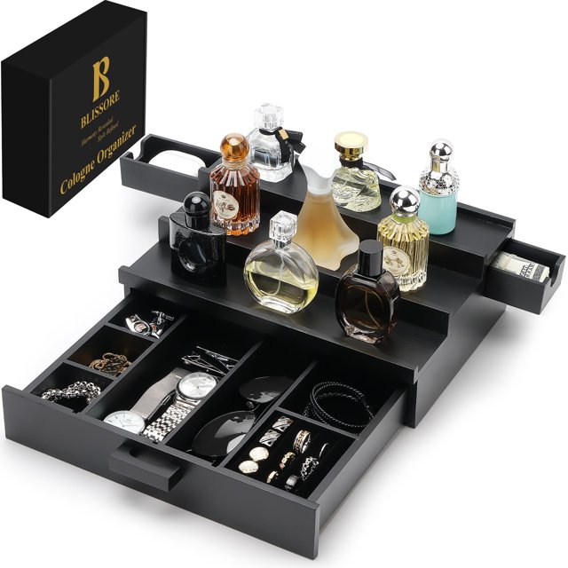 Organizador de colonia BLISSORE de madera de 3 niveles con cajón de terciopelo