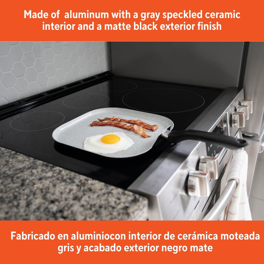 IMUSA 10.5in Premier-Cera Aluminum Speckled Gray Ceramic Square Grill with Cool Touch Handle, Matte Black