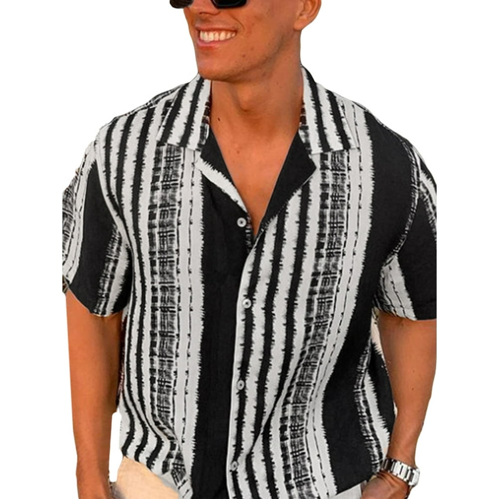 Incerun - Mens White Black Striped Shirt Summer Lapel Loose-fitting