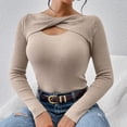 thumbnail image 6 of Women's Crewneck T Shirts Slim Fitted Elegant Fall Ribbed Knit Casual Long Sleeve Tee Tops Cutout Twist Knotted Undershirt, 6 of 6
