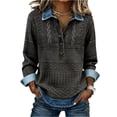 thumbnail image 3 of Women's Waffle Knit Denim Trim Collared Pullover Vintage Half Button Long Sleeve Casual Jean Tops, #02 Camel, S, 3 of 7
