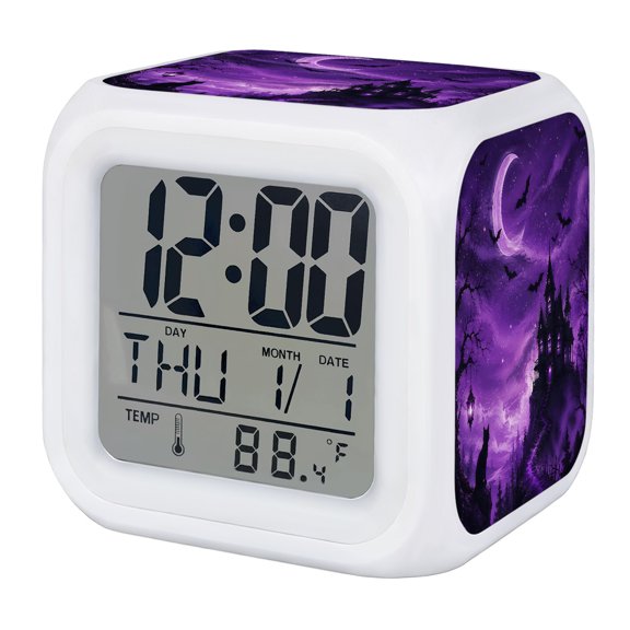 Purple Halloween Digital Alarm Clock for Bedrooms, Smart LED Alarm Clock with 7 Color Changing Night Light, Horror Black Castle Trees Cloud Silent Wake Up Clocks for Sleep Study Cooking 3.2"x3.2"