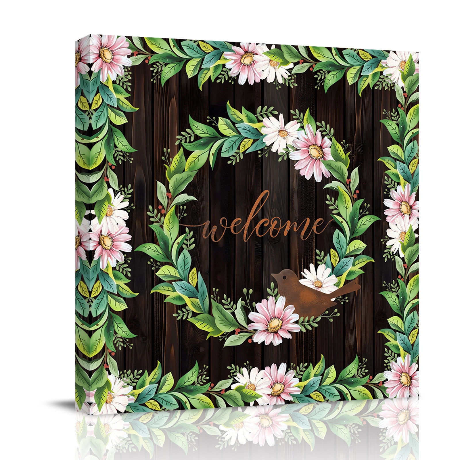 Spring Daisy Leaf Garland Canvas Wall Art for Living Room Bird Welcome Brown Wood Grain Wall Decor Framed Artwork Pictures Ready to Hang for Bedroom Office Home Decor