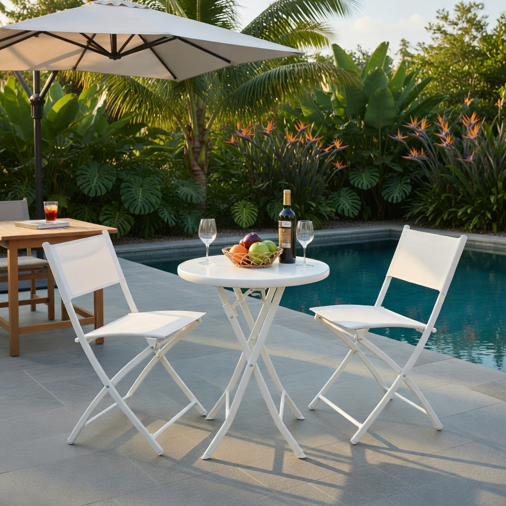 Hommoo 3-Piece Foldable Outdoor Bistro Set, 2 Chairs + Glass Top Coffee Table for Balcony, Patio & Garden, White