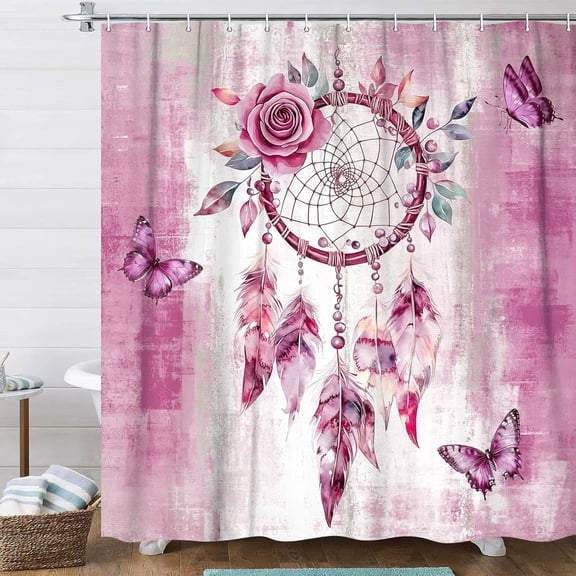 Pink Floral Bath Shower Curtain, Pink Dreamy Boho Dream Catcher Watercolor Floral Flowers Butterfly Bohemian Waterproof Fabric Bathroom Shower Curtain Decor With Hooks,72X72IN