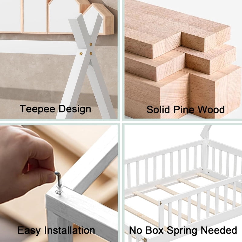 Mirightone Twin House Bed Frame with Rails and Door,Wood Montessori Bed with Slats Support,Teepee Tent Floor Beds Frame - White