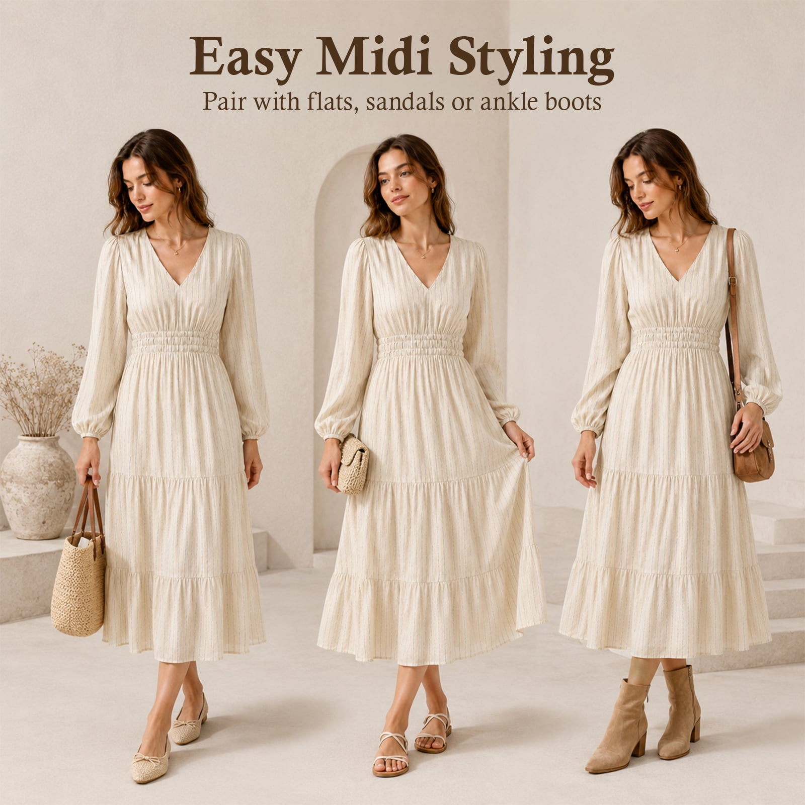 Alvantor Moonbeam Blue Stripe Women's Midi Dress, V-Neck Long Sleeve with Smocked Waist and Tiered Skirt