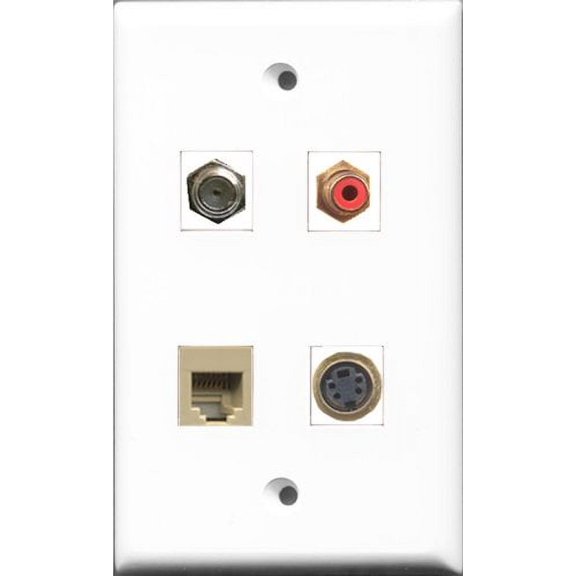 RiteAV 1 Port RCA Red and 1 Port Coax Cable TV- F-Type and 1 Port Phone RJ11 RJ12 Beige and 1 Port S-Video Wall Plate