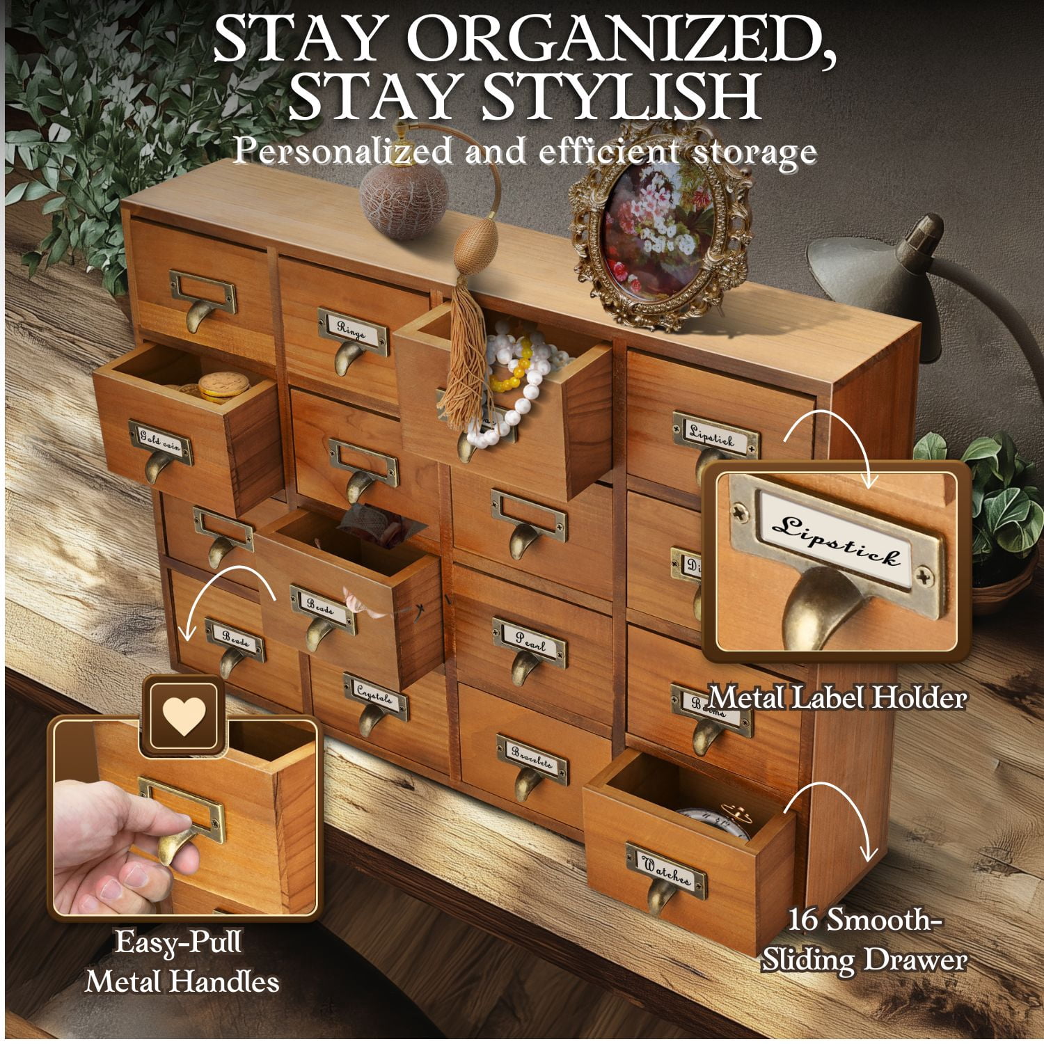 Apothecary Cabinet with Drawers - 16 Vintage Apothecary Drawers Desktop Organizer for Home & Office - Wooden Tabletop Library Card Catalog Cabinet Storage for Jewelry, Makeup & Tools, Brown