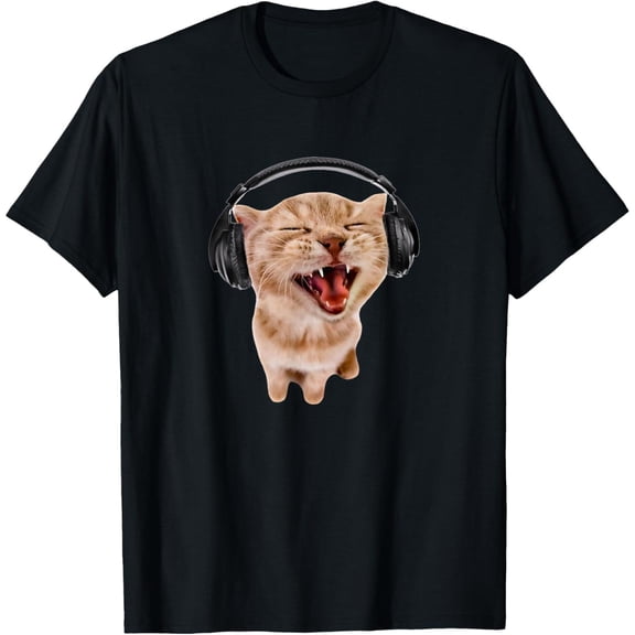 Cotton Short Sleeve Silly Cat With Headphones T-Shirt for Men Women
