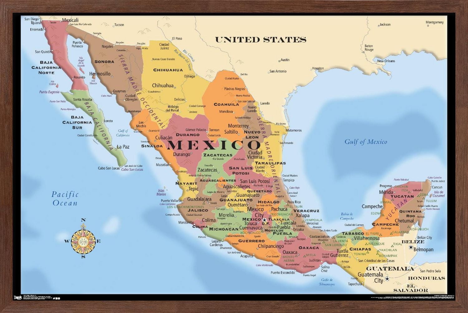 Map - Mexico Wall Poster, 22.375" x 34" Framed