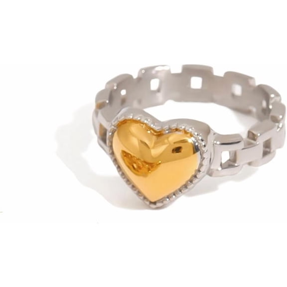 18K Gold Plated Two-Tone Color Watch Band Heart Shape Rings for Women,Stainless Steel Love Chain Link Ring, Fashion Band Finger Ring,Jewelry Gifts For Birthdays Anniversary