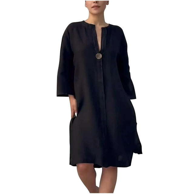Daiosportswear Robe-Chemise en Coton et Lin pour Femmes, Boutonnée, Col en V, Maxi Blouse, Robe Décontractée Ample à Manches Longues, Abaya avec Poches, Robe à Manches Courtes pour Femmes Noire TG(TG)