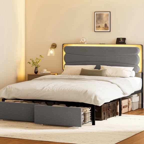 GUNAITO Queen Size Bed Frame with 2 Drawers, Upholstered Platform Bed with Charging Station and Adjustable Headboard, Grey