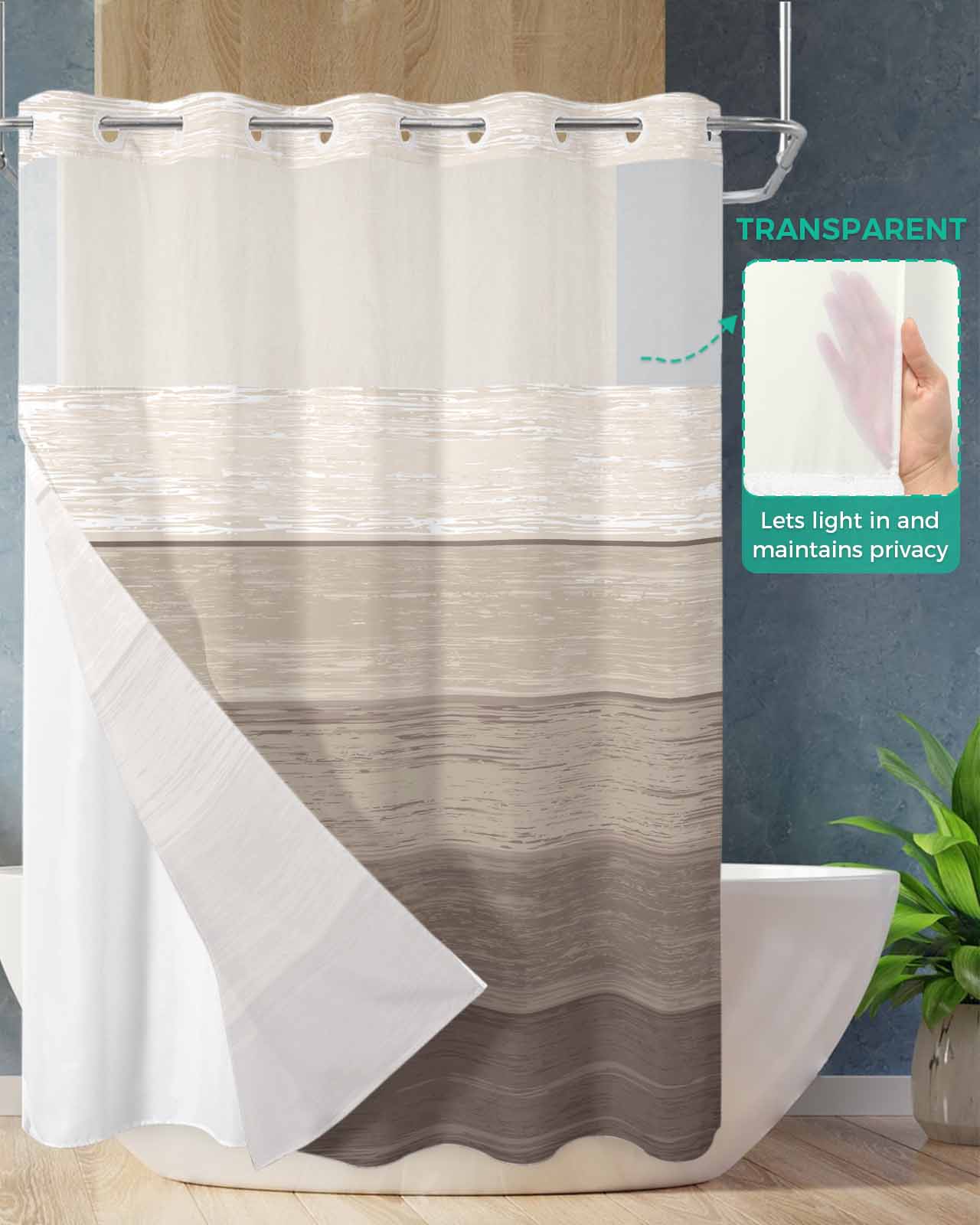 No Hook Shower Curtain with Snap in Liner, Khaki Striped Gradient Rustic Wood Board Hotel Shower Curtains for Bathroom, Washable Shower Curtain Liner Set with Mesh Top Window, 72"x72"