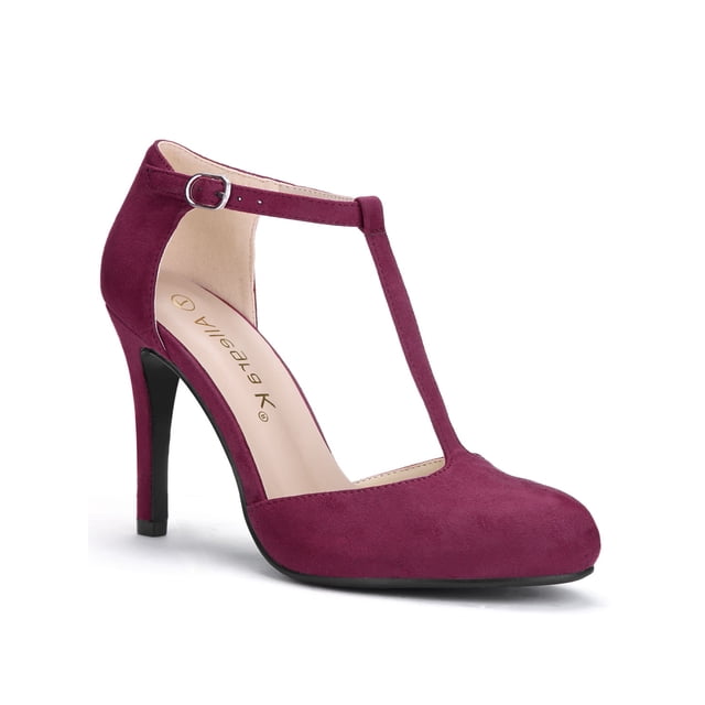 BLISSFUL STEP Chaussures pour Femmes Bout Rond Talon Aiguille Sandales à Bride en T Bourgogne 7