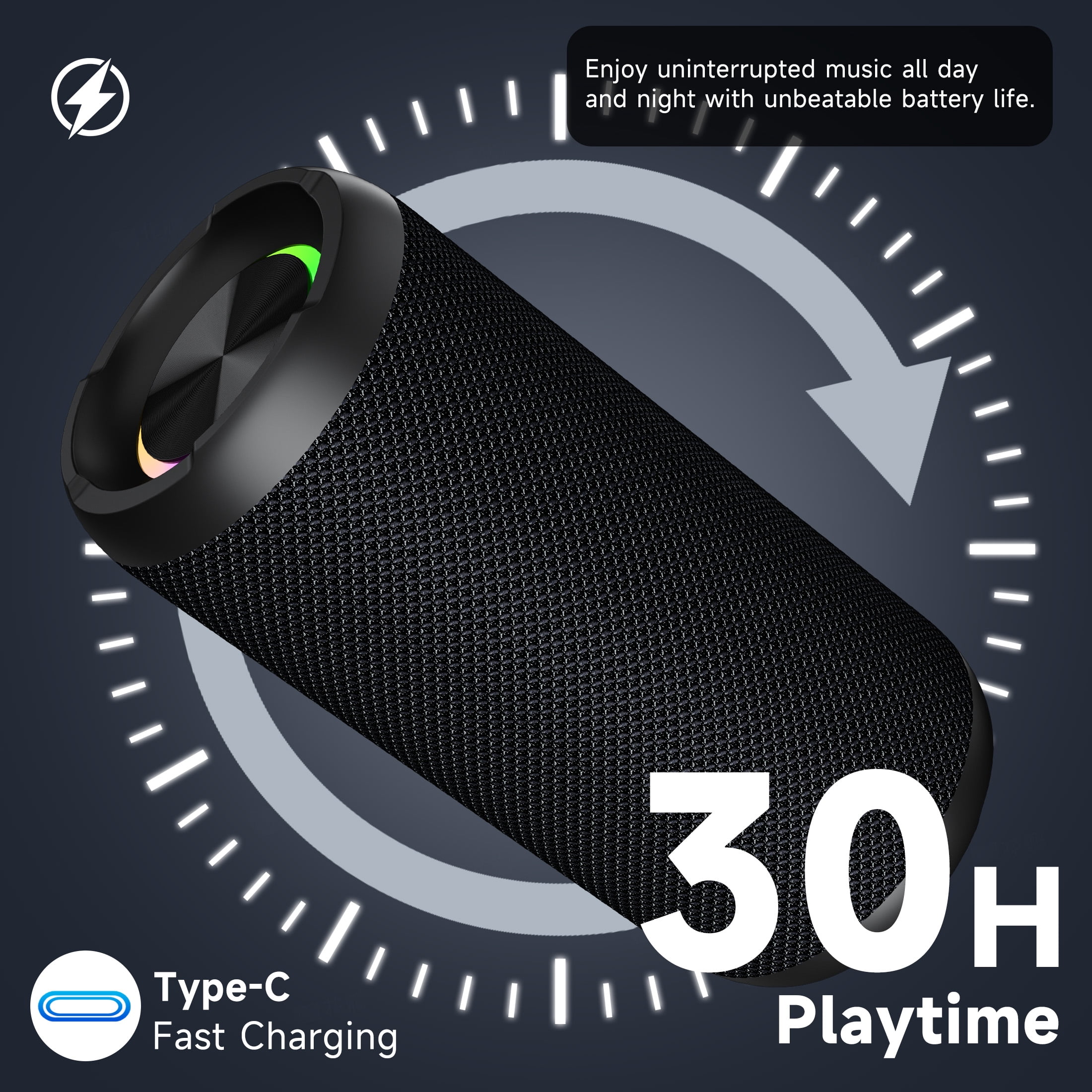 Solorage Portable Bluetooth Speaker IPX7 Waterproof, 24W Loud Sound, Deep Bass, Bluetooth 5.3, 30H Playtime, Wireless Stereo Pairing, LED Lights, for Home/Beach/Party/Outdoors-Black