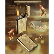 Swiss Luxury Retro Copper Kerosene Lighter, Soft-Flame, Automatic Ignition, Refillable, Safety Lock, Exquisite Carving, Etching, Collectible, Mens Gift, Thorens Gen4 Double Claw Engraved Koi Pattern
