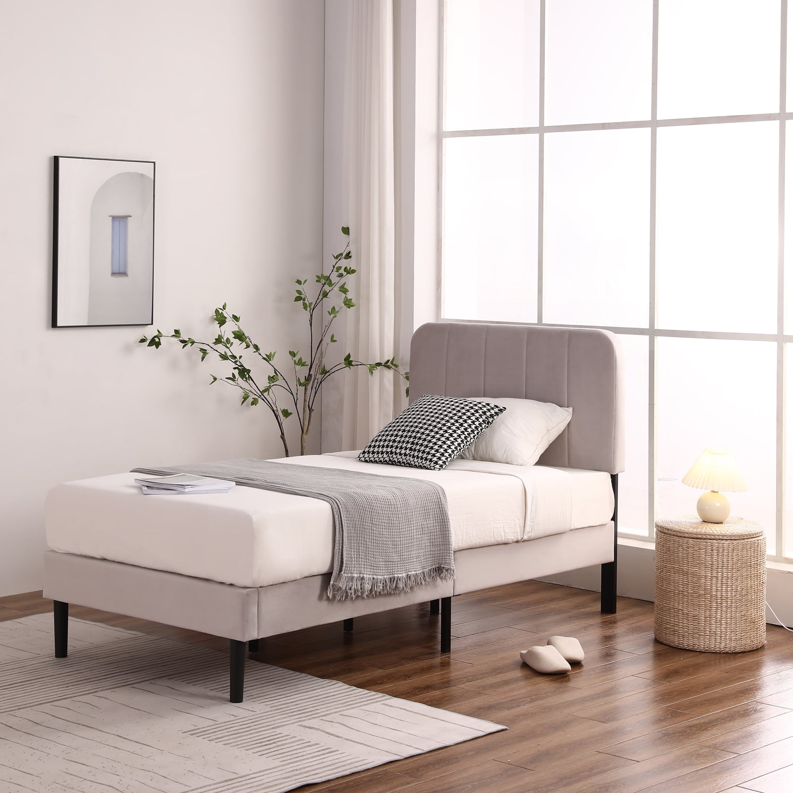 Twin Size Metal Bed Frame Upholstered Headboard Platform Kids Bedroom Furniture 