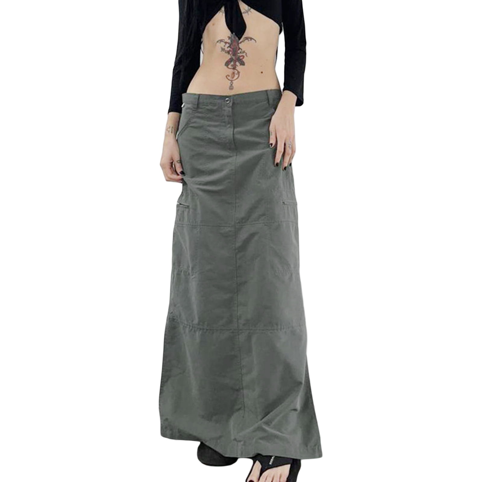 Women Y2k Cargo Long Skirt Drawstring Low Waisted Ruched Maxi Skirt ...