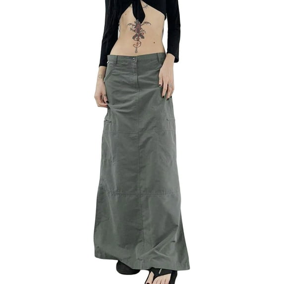 Women Y2k Vintage Low Rise Cargo Skirt Wide Hem Split Long Skirt E-girl Aesthetic Clothes