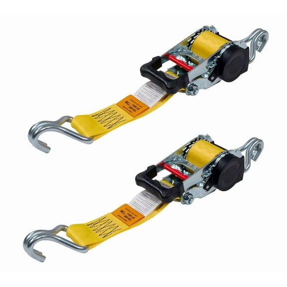 2 Pack 2" x 10' Retractable Ratchet Straps with Double J-Hook - 3,300 lbs Breaking Strength - Yellow Auto Retract Ratchet Tie Down Strap for Motorcycles, ATVs, Bikes, Boat Trailer
