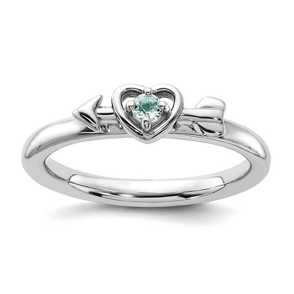 2.5mm 925 Sterling Silver Stackable Rhodium Plated Aquamarine Love Heart Arrow Ring Size 7 Stackable Ring for Women