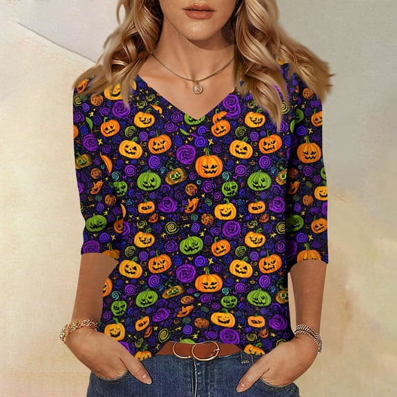 Halloween 3/4 Sleeve V Neck Shirt for Women Funny Halloween Graphic Tee Fall Winter Loose Fit Tops
