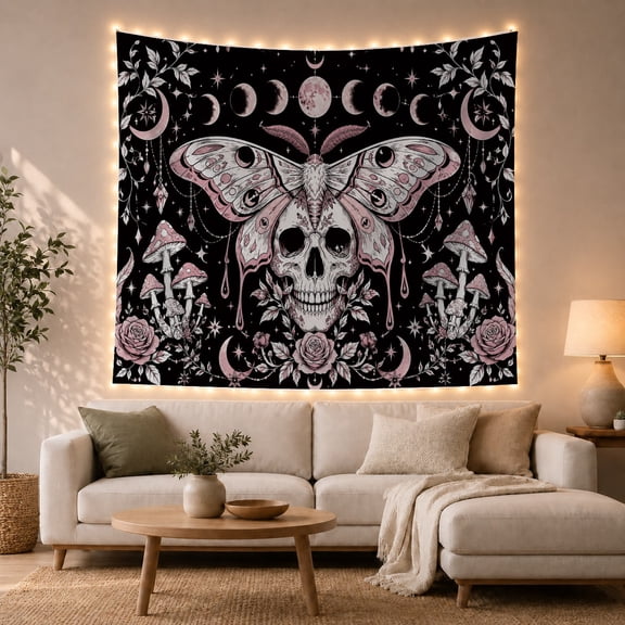 Bohemian Moth Pale with Patterned Wings Human Skull, Spooky Gothic for Gothic Decor Fans, Dark Art Decor, Halloween Gift, Tapestry Wall Hanging for Bedroom and Dorm