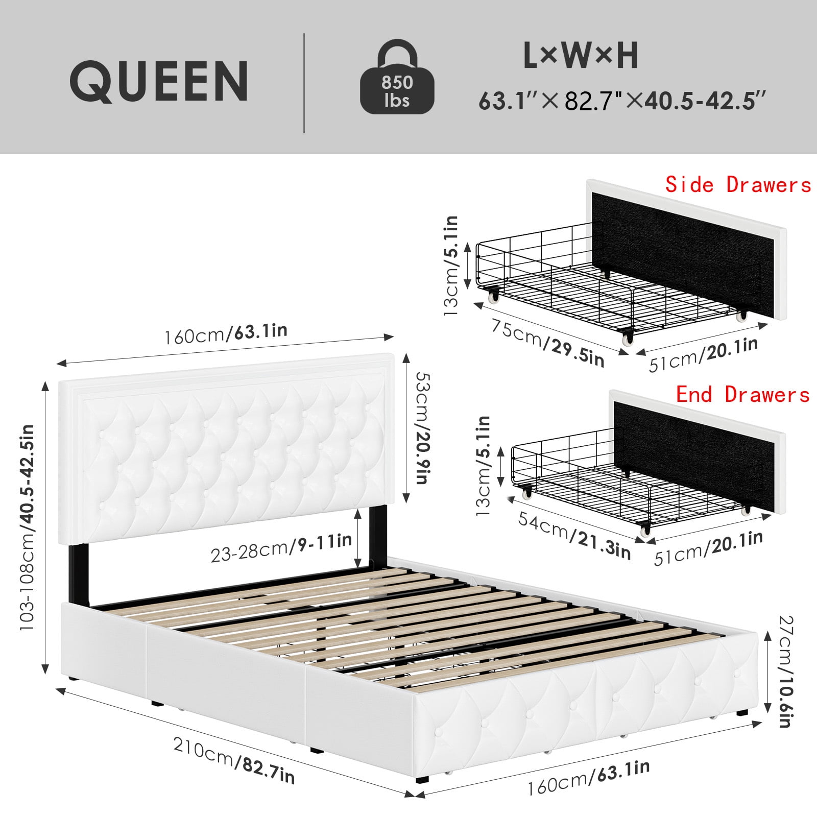 Homfa Queen LED Bed with 4 Drawers, LED Lights Platform Storage Bed Frame with Upholstered Adjustable Button Tufted Headboard, PU White