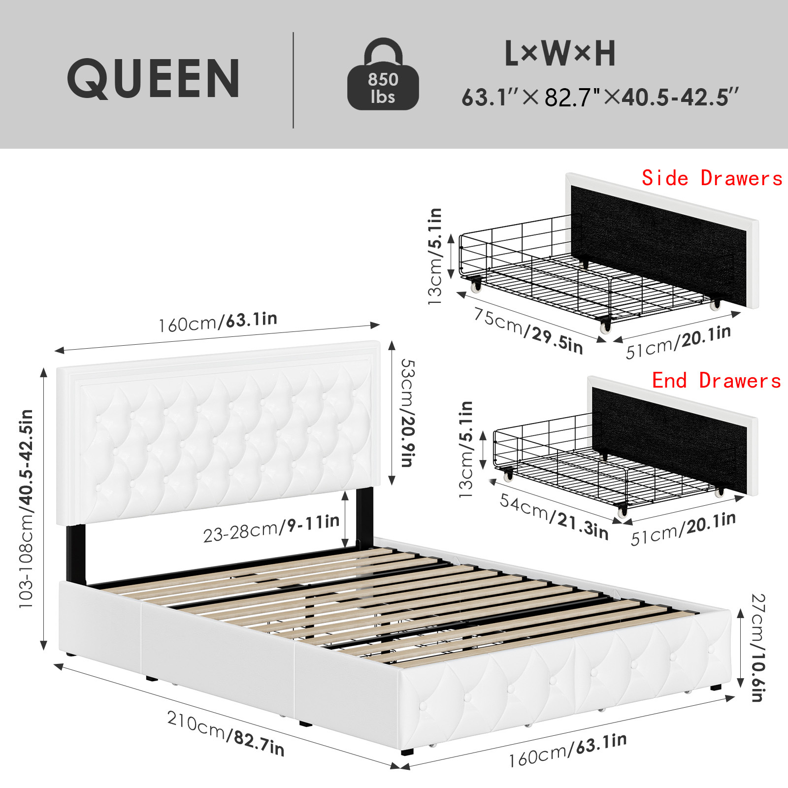 Homfa Queen LED Bed, 9 Colors LED Lights Platform Bed Frame with 4 Storage Drawers, Adjustable Upholstered Headboard with Button Tufted, PU White - image 5 of 10