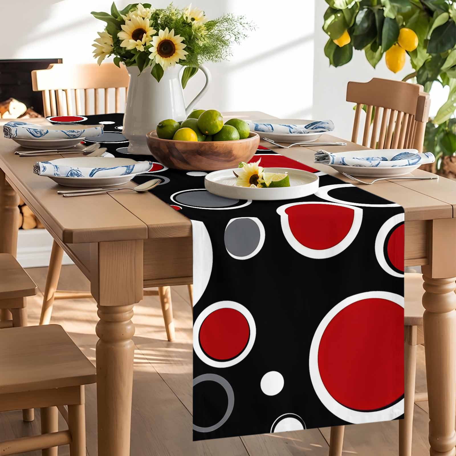 Abstract Red Black Circle Table Runner 90 Inches Long, Color Block on Black Table Runners Tabletop Scarf Kitchen Dining Tables Decoration for Home Party Indoor Outdoor