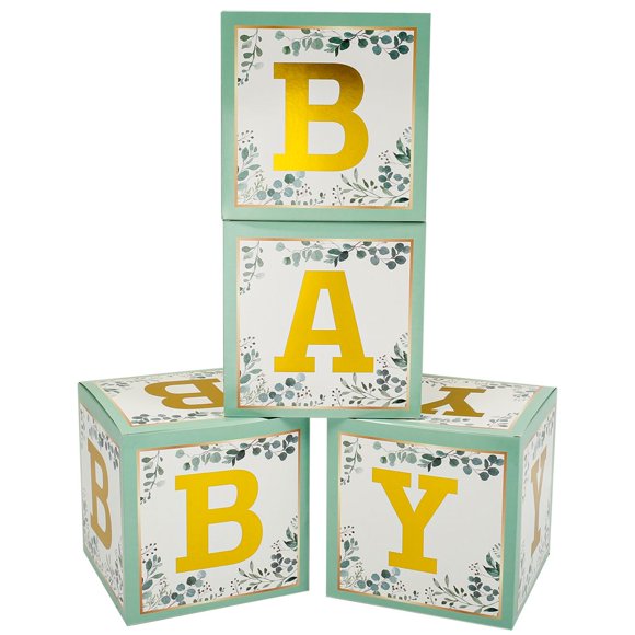 Gold Baby Boxes | Set of 4   Gender Reveal Party Supplies  Individual BABY Blocks Design for Boys Girls Baby Shower Decorations