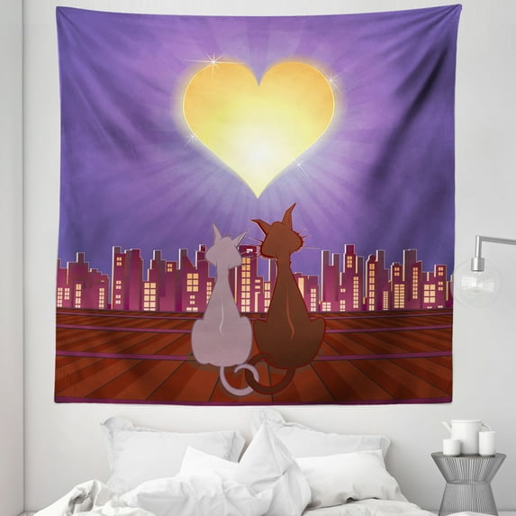 Cat Lover Tapestry, Pair of Cats in Love Overlooking the City at Night with Heart Shaped Moon Above, Fabric Wall Hanging Decor for Bedroom Living Room Dorm, 5 Sizes, Multicolor, by Ambesonne