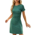 thumbnail image 4 of ATOYSOY Women's Beach Sundress Cotton Lined Short Sleeve Elegant Casual Relaxed Slim Retro Mini Loose Dress Pleated Trendy Round Neck Workout Dress for Girls Green, 4 of 5