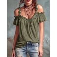 thumbnail image 4 of Women Cold Shoulder Ruffle Trim Top V Neck Short Sleeve Casual Blouse Green XXL, 4 of 6